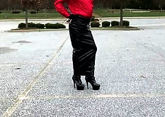 Satin Crossdresser walk outside - harness