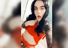 Louise in nice-looking red underware in red strap pants with white polka dots screws her much loved sex toy between the pillows and cums profusely ins