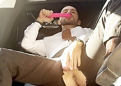 Outside sex, chastity cage, man in suit