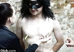 In nature's garb and ready, that guy surrenders to his mistresses' nasty whims. They measure his small dong, drag sharp nails across sensiti