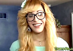 Blonde shemale escort gives face to a lucky guy and gets filled with cum