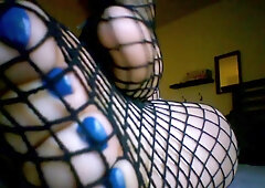 Tattooed Amateur Girl Likes Wearing Nylon Stockings Over Her Feet With Blue Nail Polish