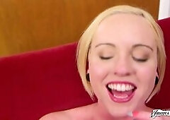 Miley Mae heads over to James Deen’s simply house wearing a black flower-printed dress, a pair of red stockings and a pair of black flats. Her red l