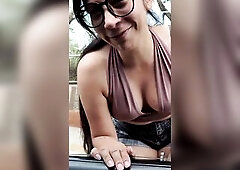 POV: A curvy Lalin girl gives a oral job inside a car in a public place.