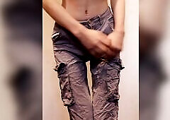 Topless trans hotty sluggishly pees in her taut cargos