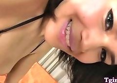 Thai ladyboy Jakki dildoing her asshole