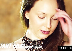 Slim brunette with tiny boobs Nataly Von rubs her pink snatch