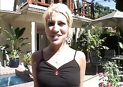 Golden-haired anal wench in red fishnet nylons bangs in doggystyle and masturbates cunt