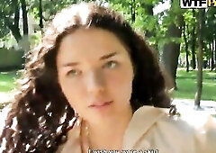 Enchanting brunette hair with unshaved hair, Leonora looks shy but that babe loves risky sex in public places