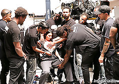 Wild busty whore Ivy Lebelle is sucking and jerking cocks till they cum