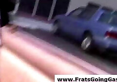 Teen dudes masturbate outdoors in gay fraternity