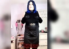 Victoria Lecherri is a curvy wicked blue haired granny transsexual, that babe is clothed head to toe in satin, including ebony satin pants and ebony s