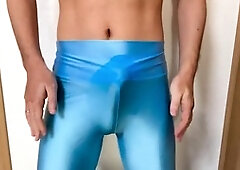 Sheer light blue satin leggings perfect for a solo guy's pleasure