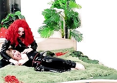 BELT-ON SUCKING sexy lesbos in PVC compliant training FOOT worship TICKLING - kinky Arya Grander