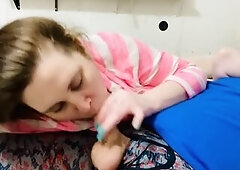 Cum bitch gives tugjob for her every day dose of cum ???