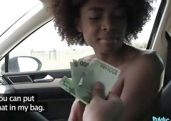 Ebony Cutie Wanks In The Car For Euros
