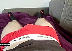 Muscular daddy gets off on his hairy chest before bed