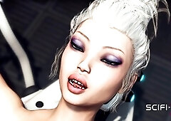 Busty nympho gets pounded by a futanari sex cyborg in a futuristic laboratory