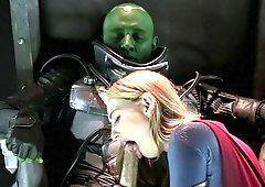 Fantastic blonde girl gets fucked through the hole in her costume