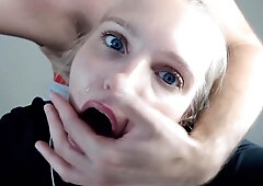 Kinky blonde camgirl with small tits deepthroats a dildo