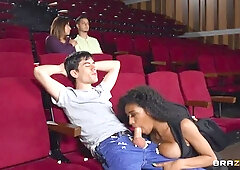 Stylish ebony model Tina Fire fucked in the cinema by white man