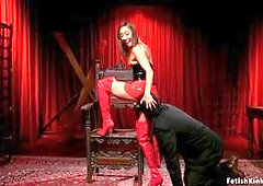 Stunning small tits brunette Asian Milf dominatrix Christy Love in red latex makes gimp man Papa Georgio worship her ass then with strap on dick fucks