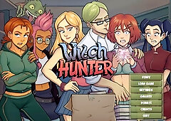 Blonde witch hunter from the visual novel series pleases a dark-skinned lover in the library