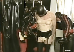 Amateur brunette in latex lingerie fucks hardcore in kitchen