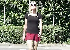 Crossdresser wears very short costume & boots , Crossdressing in public