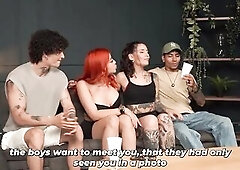 This large-breasted redhead is visiting her Argentine ally's abode when 2 hawt tattooed allies arrive... Between conversations and laughter, they