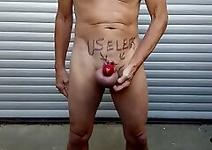 servenaked in peniscage pee outdoor and hot and horny fucks himself with different stuff