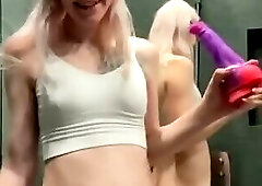 Stunning tranny gets railed by a huge dildo in the shower