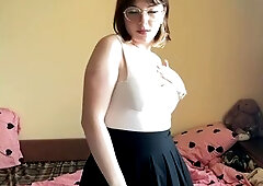 Hawt brunette hair squeezes her large boobs.