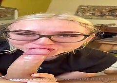 Nerdy blondie honey with yam-sized glasses is gargling jizz-shotgun and getting ravaged from the back