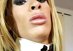 Charming blond transsexual in nylons fucks the butt of a beefy guy