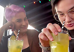 Inked queer gets her small tits and glasses wet while lez pussylicking her hair at home