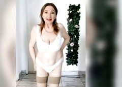 Giant natural breasts and teasing in white underware