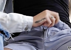 Hot blonde tranny with tats sucks on some hard cock