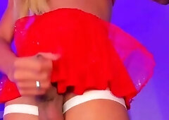 Chubby big tits shemale jerking her big cock