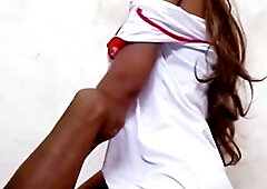 Dark-skinned nurse rides her patient passionately in a hotel room