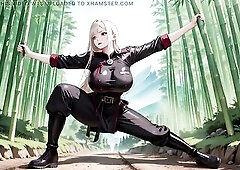When a serene bamboo grove meets a hawt ebony uniform, the visual feast is just starting. The blond Valkyrie lounges against a tree trunk previous to 