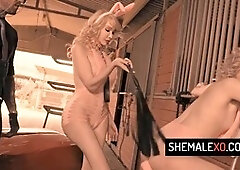 Two hot blond shemales Sarina Valentina and Ella Hollywood in an intense anal threesome