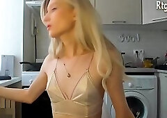 small boobs blonde transgirl in lingerie dances on webcam