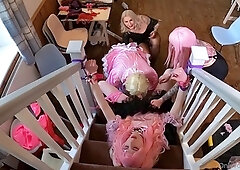 Crossdresser sucks cock in BDSM group therapy session