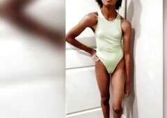 Cute Post-Op Trans Gymnast Awquitesy Dances actually Hawt in Leotard Bodysuit and plays with Boobies