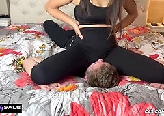 Mean Asian wife turns husband into her human furniture with facesitting and foot domination