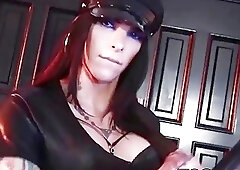 Fit tattooed shemale in a cop outfit jerks off vigorously