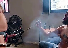 2 cigar smoker pigs do thug-o-war with their Prince Albert piercings iercedcock