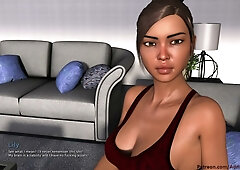 Red-clad woman explores herself while giving a thigh massage in a modern living room