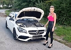 When the hawt golden-haired mother i'd like to fuck was standing in the parking lot and had a breakdown, that babe was approached by a stranger. 